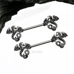 A Pair of Blackline Jeweled Eye Dragon Sparkle Nipple Barbell-Aurora Borealis